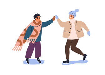 Ice rink, winter activity with friend. Happy children skating outdoors, giving high five and smiling, holiday time. Outdoor sport recreation. Flat vector illustration isolated on white background.