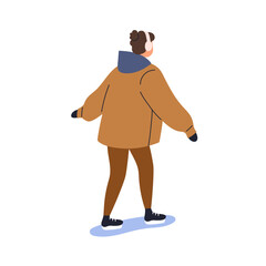 Skater on ice rink, view from back, behind. Winter holiday sport activity, leisure. Person skating. Young girl in headphones sliding on skates. Flat vector illustration isolated on white background.