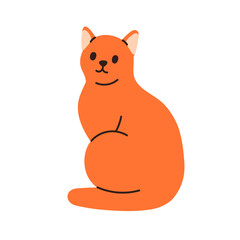 Cute cat sitting, view from behind, looking back. Adorable feline animal in calm seated pose, position. Kitty, home pet, pussycat. Flat vector illustration isolated on white background.