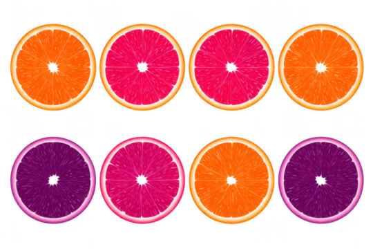 Orange slice grapefruit slice purple citrus fruit pattern juicy vibrant fresh healthy tropical isolated. Colorful citrus fruit slices arranged two rows featuring orange pink and purple hues