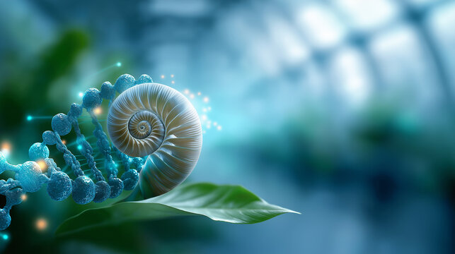 Fibonacci spiral overlaid on plant growth patterns with genetic markers faceless botanical genetics defocused greenhouse research facility background agricultural trait mapping