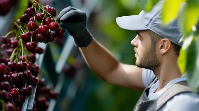 Charming white man carefully picking ripe red cherries in a sunny modern orchard, showcasing small scale fruit farming, harvest work and fresh seasonal produce outdoors