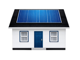 Fototapeta premium Single story house with blue door and windows, white siding, and large solar panel array on black roof, representing sustainable energy and modern residential architecture