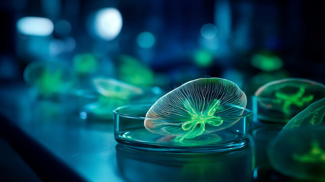 Translucent jellyfish with fluorescent proteins glowing green faceless GFP discovery application defocused marine biology background biotechnology tool origin live cell imaging