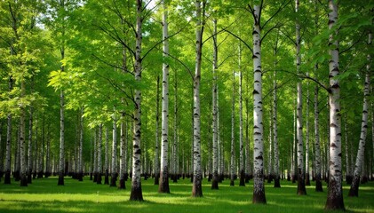 Obraz premium Budding Birch Grove in Soft Spring Sunlight A serene grove of white birch trees with new, vibrant green leaves unfurling. Soft, warm sunlight filters through the canopy, creating dappled light on the