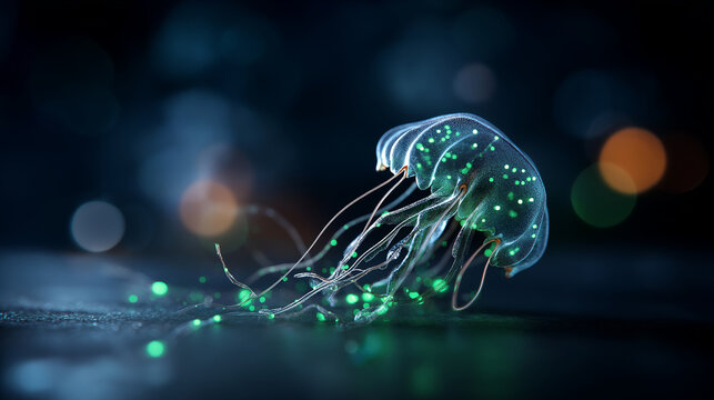 Translucent jellyfish with fluorescent proteins glowing green faceless GFP discovery application defocused marine biology background biotechnology tool origin live cell imaging