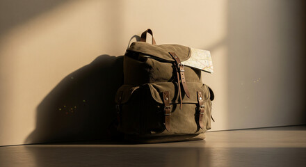Vintage Canvas and Leather Rucksack with Map in Dramatic Sunlight
A classic, olive green canvas and brown leather rucksack is placed on a floor, leaning against a neutral-toned wall