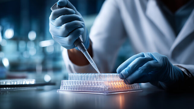 Faceless scientist pipetting into 96 well PCR plate with multichannel pipette defocused plate map template background high throughput genotyping SNP analysis workflow