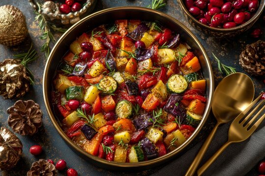 Bowl of Ratatouille provencale with stewed Mediterranean vegetables in sauce, garnished with dill. Concept of warm, inviting atmosphere with elegant utensils and natural decor.