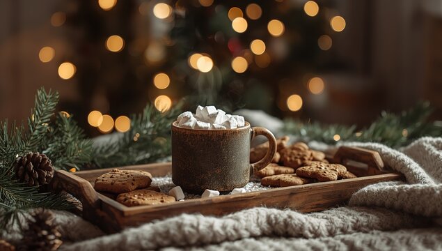 Cozy Christmas Marshmallow Hot Chocolate, Cookies, and Festive Decorations - Powered by Adobe