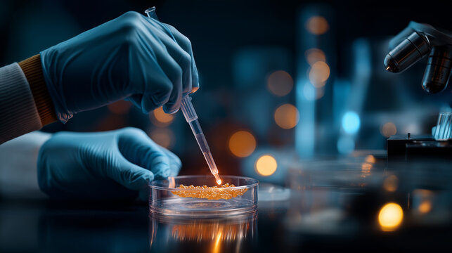 Faceless scientist's hands assembling Gibson assembly reaction components defocused molecular cloning workspace background seamless DNA fragment joining synthetic biology