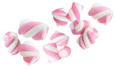 Flying fluffy Marshmallow isolated on white. Explosion. High-Quality Levitating Marshmallow. Levitating Twisted colorful marshmallow Top view. Flat lay. 