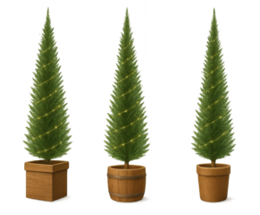 Three Tall Conical Christmas Trees with Golden String Lights in Wooden Pots and Barrels — Transparent PNG Holiday Decoration Set for Festive Interior Design, Winter Decor, and Digital Artwork