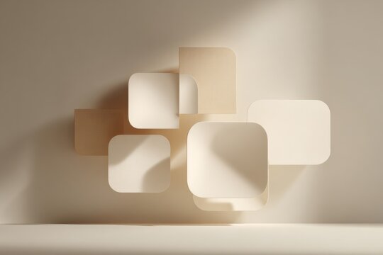 Unique wall art installation featuring abstract shapes in soft beige and white tones creating a minimalist aesthetic in a contemporary interior