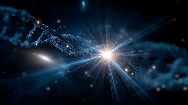 Radiant starburst of light rays emanating from central DNA helix faceless genetic enlightenment metaphor defocused cosmic background with distant galaxies representing life's