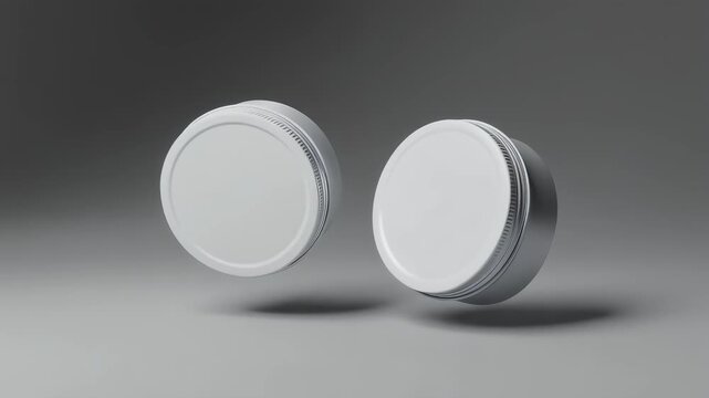 Two floating blank white metal round jars are displayed on a grey gradient studio background for a mockup