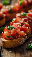 Delicious Bruschetta Topped With Fresh Tomatoes and Basil on Rustic Wooden Table