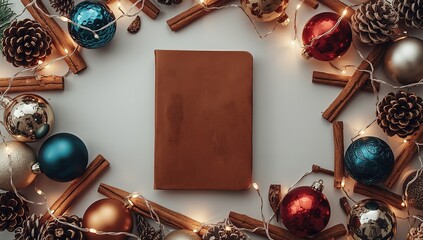 Festive holiday notebook flat lay with cozy Christmas decorations, sparkling string lights, colorful ornaments, and rustic pinecones, ideal for seasonal writing and planning