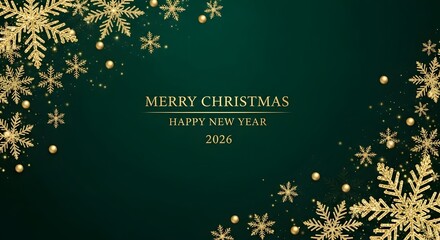 Elegant golden snowflakes and lights on dark green christmas background