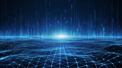 A digital landscape with blue grid and vertical lines, creating a futuristic and technological look - Powered by Adobe