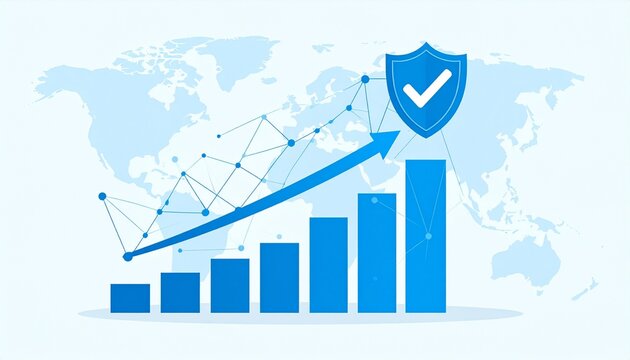Stylized graphic of data growth and security with bar chart, line graph, and shield checkmark icon in blue tones. Symbol of analytics and protection.
