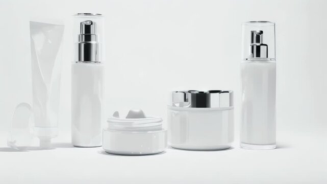 White cosmetic bottles and jars are arranged on a white surface, bathed in bright and clean lighting