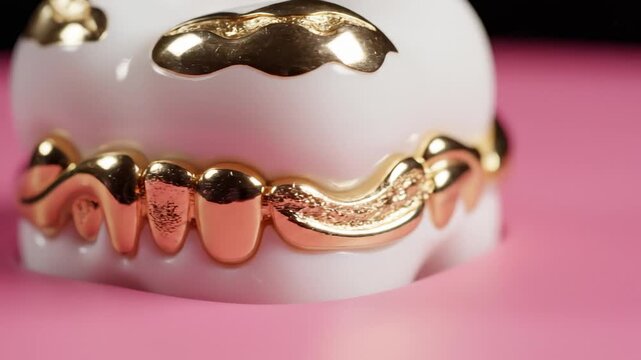 Close Up of Golden Grillz on Teeth Against Pink Background