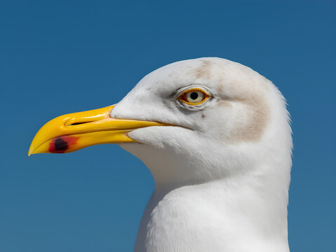 Close-up portrait of white seagull bird against bright blue sky