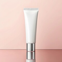 A white cosmetic cream tube with a silver cap, isolated on a pink background