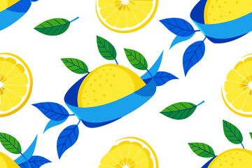 Seamless Lemon Pattern with Blue Ribbon and Leaves – Citrus Fruit Decorative Design