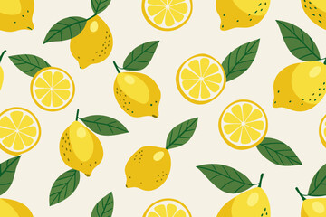 Seamless Lemon Pattern with Blue Ribbon and Leaves – Citrus Fruit Decorative Design