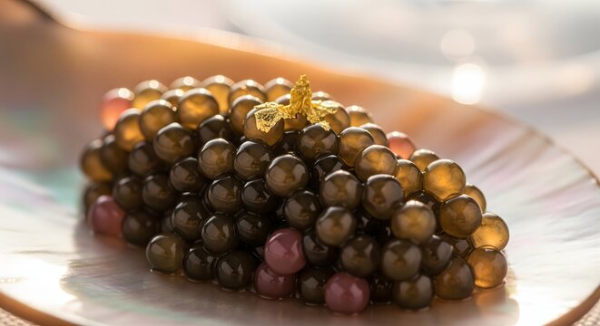 Exquisite dark caviar with golden garnish elegantly served on a mother-of-pearl dish, a luxurious culinary delicacy