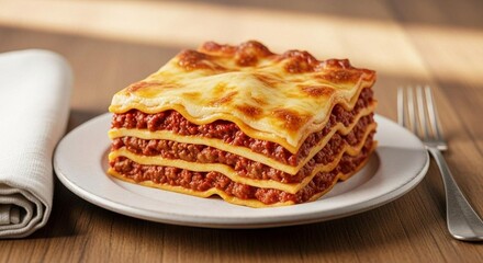 Lasagna slice with visible layers of cheese and meat sauce, table styled with fork and napkin