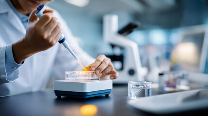 Faceless technician validating pipette accuracy with balance defocused calibration weights background laboratory quality control measurement precision verification ISO accredit