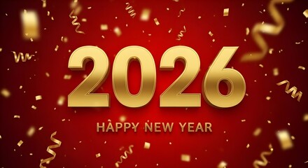 Golden 2026 numbers with falling confetti on red background