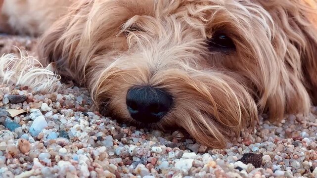  Sleepy Dog Resting on Sand After Playtime &ndash; Close-Up Beach Portrait