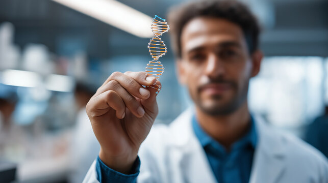 Faceless scientist holding up DNA origami nanorobot model defocused nanotechnology laboratory background targeted drug delivery system programmable molecular machines