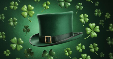Vibrant green leprechaun hat and lucky clovers create a festive St. Patrick's Day celebration scene