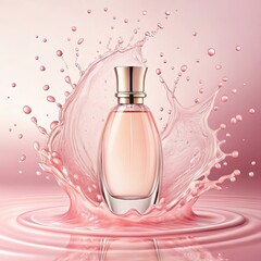 Elegant perfume bottle with a splash of pink liquid and water droplets