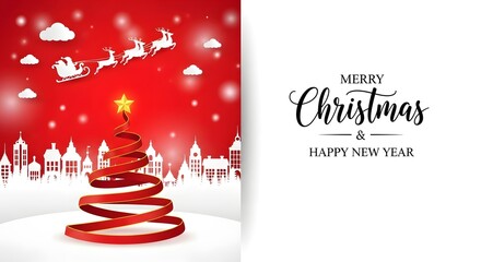 Festive red ribbon christmas tree with santa and snowfall