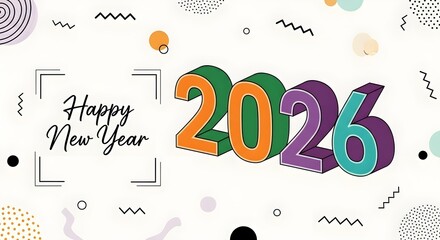 Happy new year 2026 greeting with colorful 3d numbers and abstract background