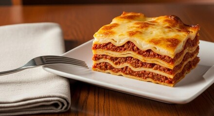 Lasagna slice with visible layers of cheese and meat sauce, table styled with fork and napkin