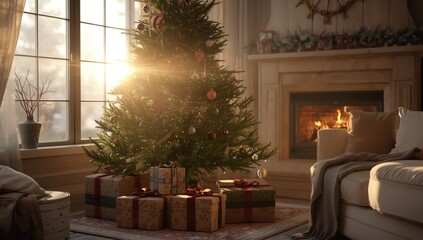 Warm Christmas morning with sunlight streaming through a window onto a decorated tree and gifts by the fireplace