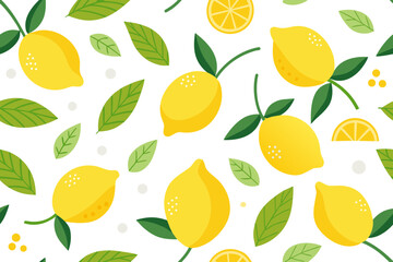 Seamless Lemon Pattern with Blue Ribbon and Leaves – Citrus Fruit Decorative Design