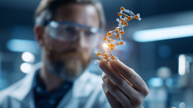 Faceless scientist holding up DNA origami nanorobot model defocused nanotechnology laboratory background targeted drug delivery system programmable molecular machines