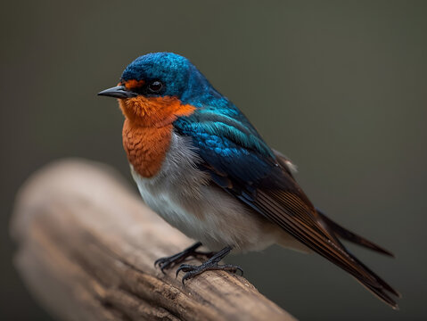 Beautiful barn swallow bird perched on wooden rail in sunlight