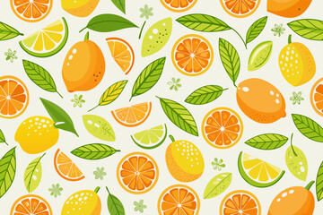 Seamless Lemon Pattern with Blue Ribbon and Leaves – Citrus Fruit Decorative Design