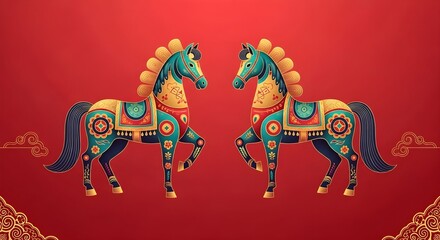Two ornate colorful decorative horses facing each other on red background