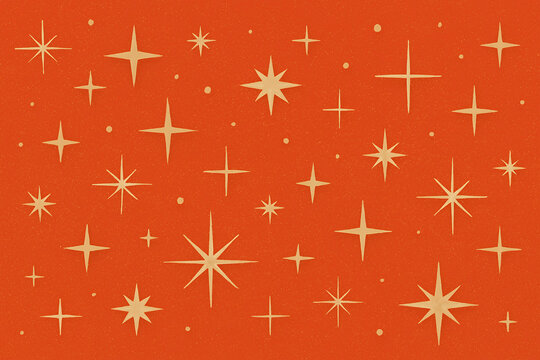 Retro mid century modern background pattern with stars and sparkles on orange