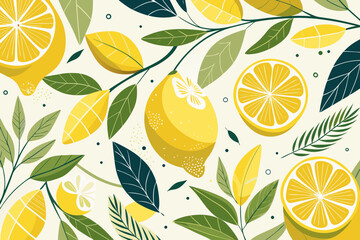 Seamless Lemon Pattern with Blue Ribbon and Leaves – Citrus Fruit Decorative Design